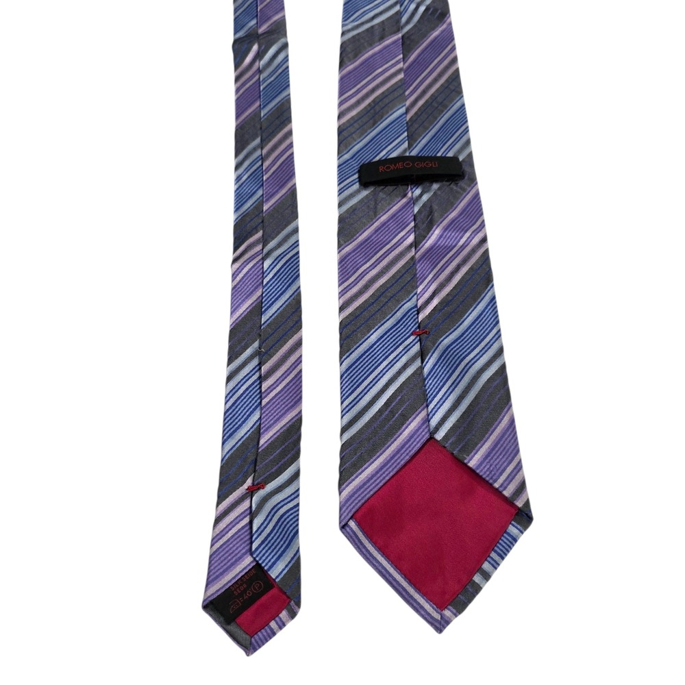 Romeo‎ Gigli Mens Necktie Blue Purple Gray Striped Silk Designer Formal Wedding